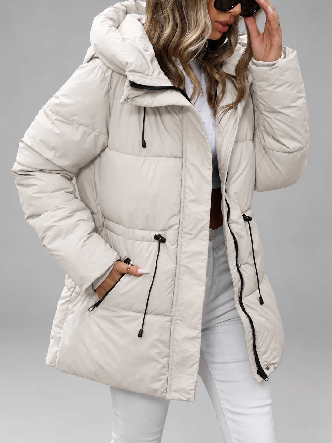 Women's Hooded Padded Coat with Zip Front and Drawstring Waist