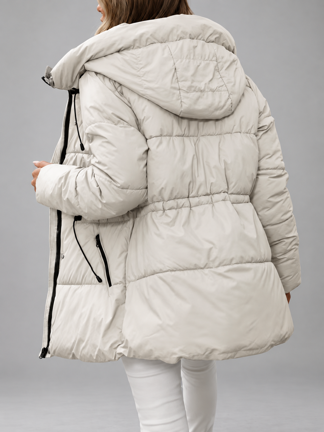 Women's Hooded Padded Coat with Zip Front and Drawstring Waist