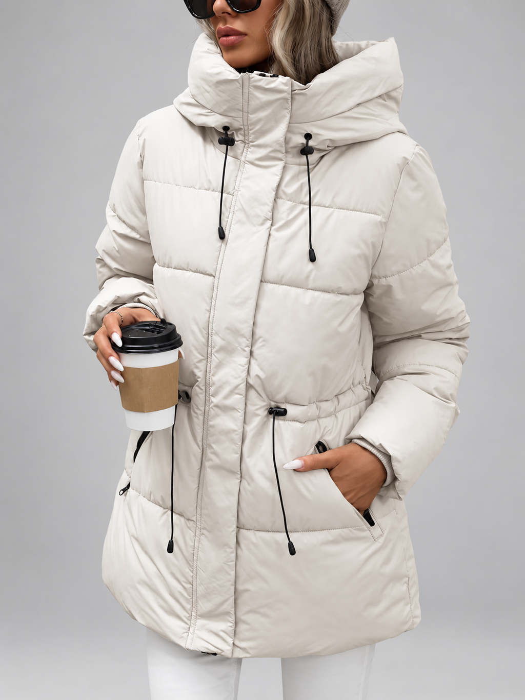 Women's Hooded Padded Coat with Zip Front and Drawstring Waist