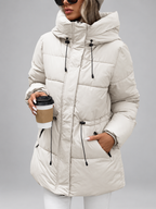 Women's Hooded Padded Coat with Zip Front and Drawstring Waist
