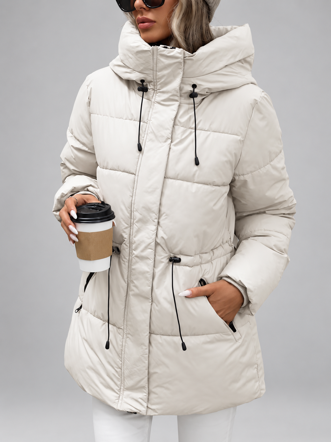 Women's Hooded Padded Coat with Zip Front and Drawstring Waist
