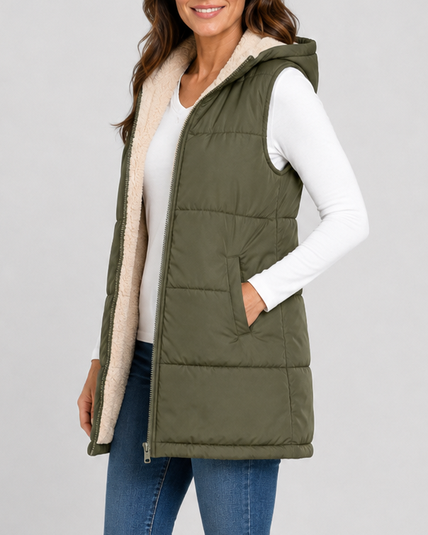 Women's Longline Hooded Padded Puffer Gilet with Fleece Lining