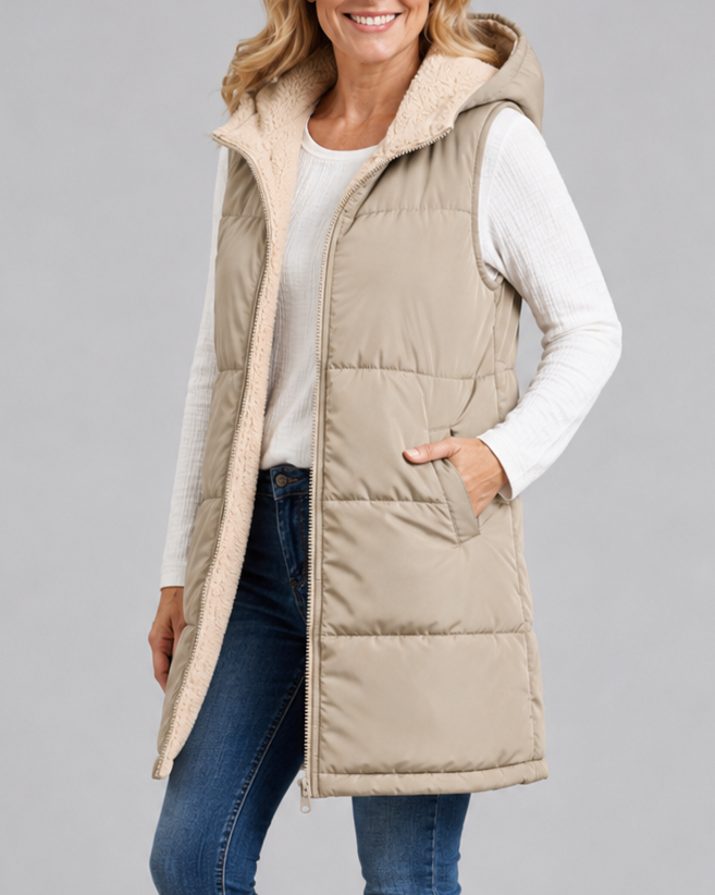 Women's Longline Hooded Padded Puffer Gilet with Fleece Lining