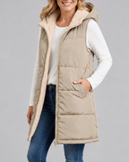 Women's Longline Hooded Padded Puffer Gilet with Fleece Lining