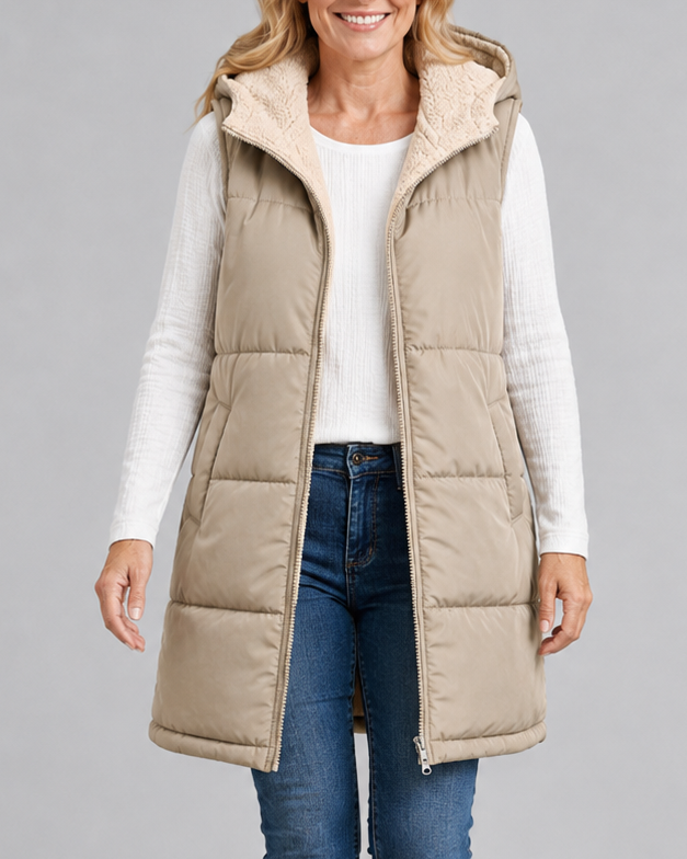 Women's Longline Hooded Padded Puffer Gilet with Fleece Lining