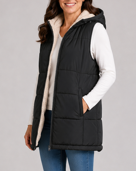 Women's Longline Hooded Padded Puffer Gilet with Fleece Lining