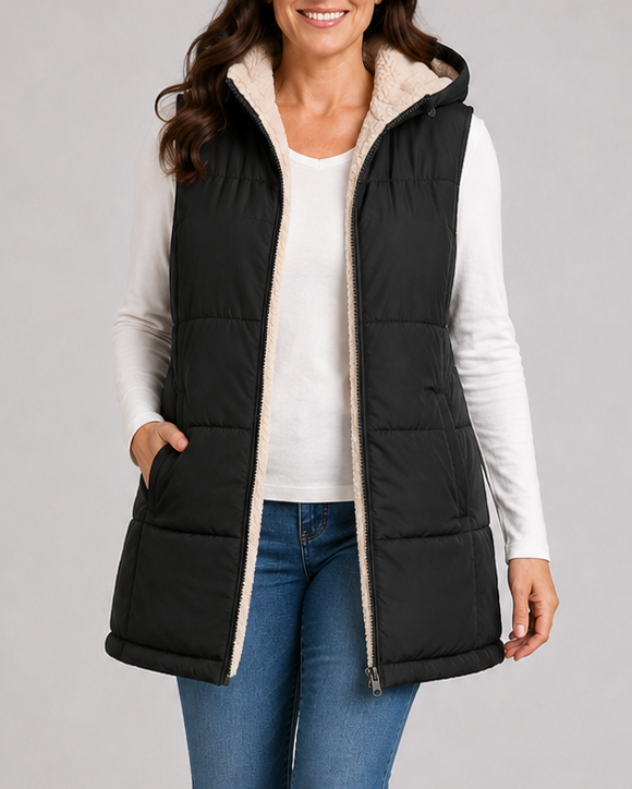 Women's Longline Hooded Padded Puffer Gilet with Fleece Lining