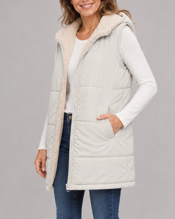 Women's Longline Hooded Padded Puffer Gilet with Fleece Lining
