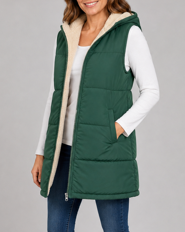 Women's Longline Hooded Padded Puffer Gilet with Fleece Lining