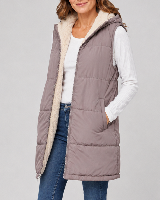 Women's Longline Hooded Padded Puffer Gilet with Fleece Lining