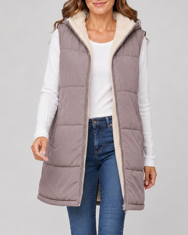 Women's Longline Hooded Padded Puffer Gilet with Fleece Lining