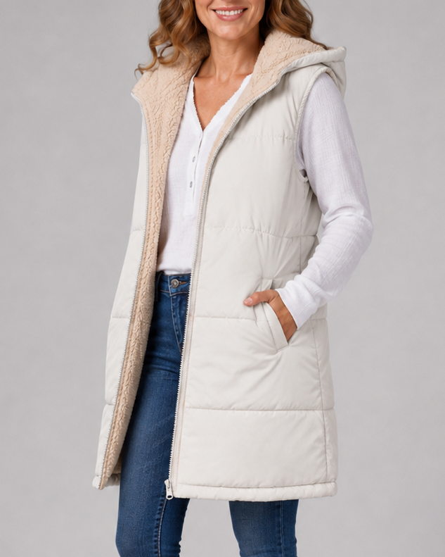 Women's Longline Hooded Padded Puffer Gilet with Fleece Lining