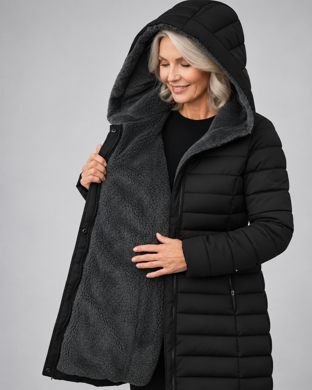 Women's Longline Puffer Coat with Soft Fleece Lining and Zip Front