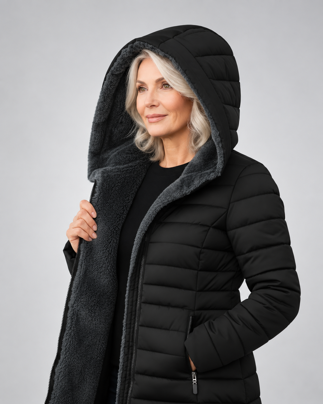 Women's Longline Puffer Coat with Soft Fleece Lining and Zip Front