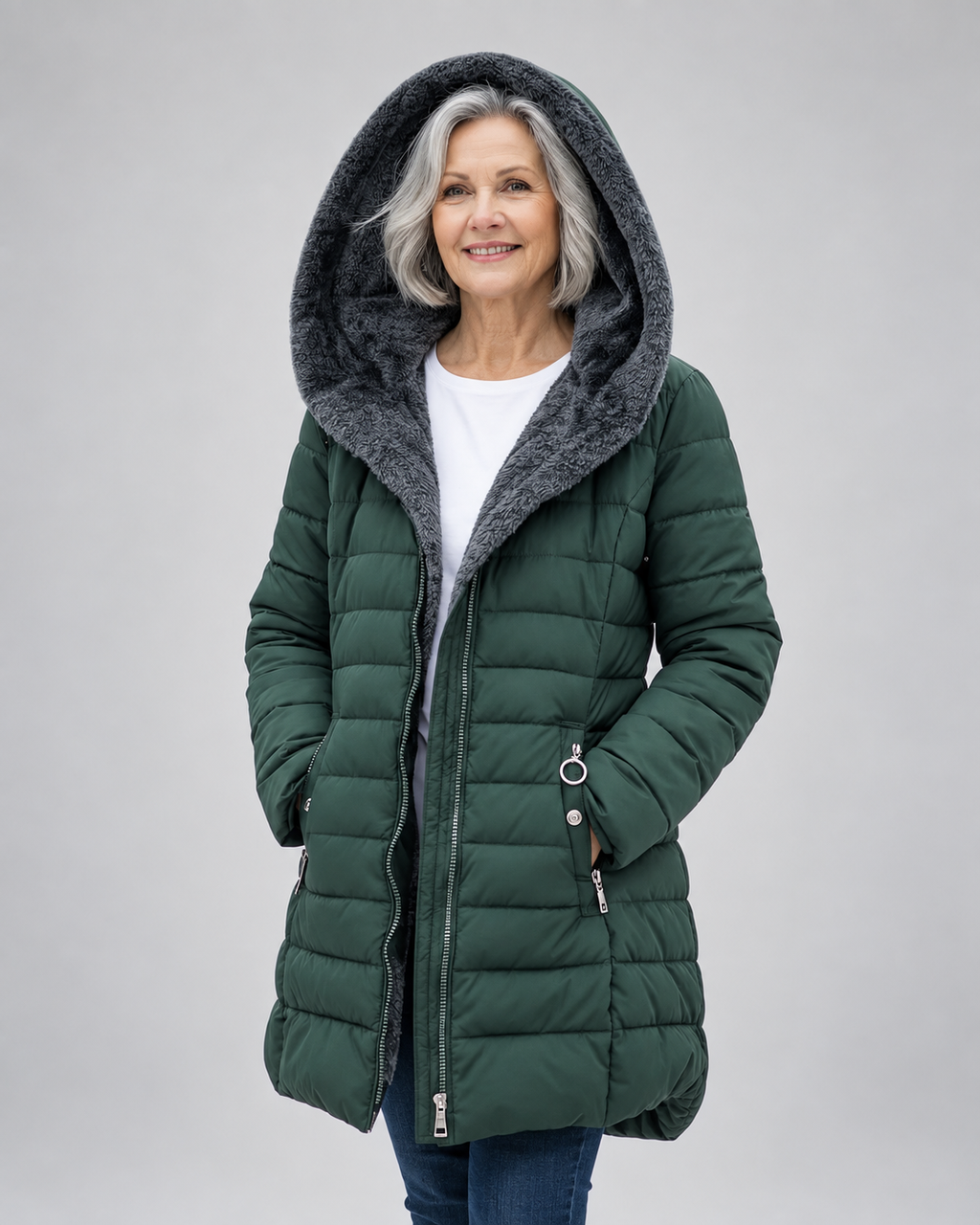 Women's Longline Puffer Coat with Soft Fleece Lining and Zip Front