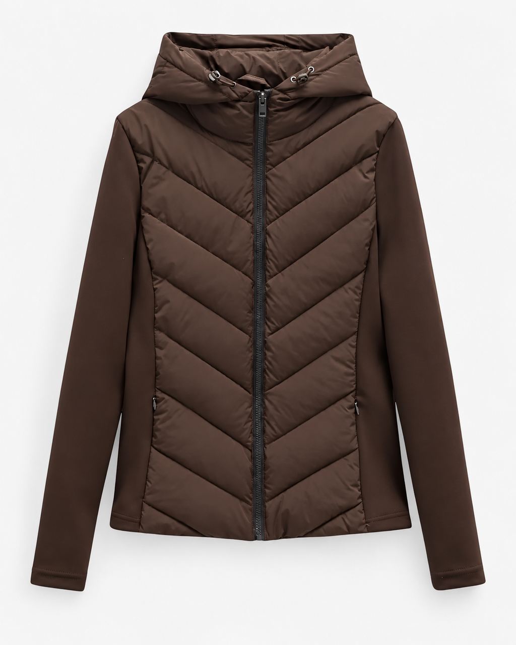 Women's hooded quilted puffer jacket with zip front and chevron padding