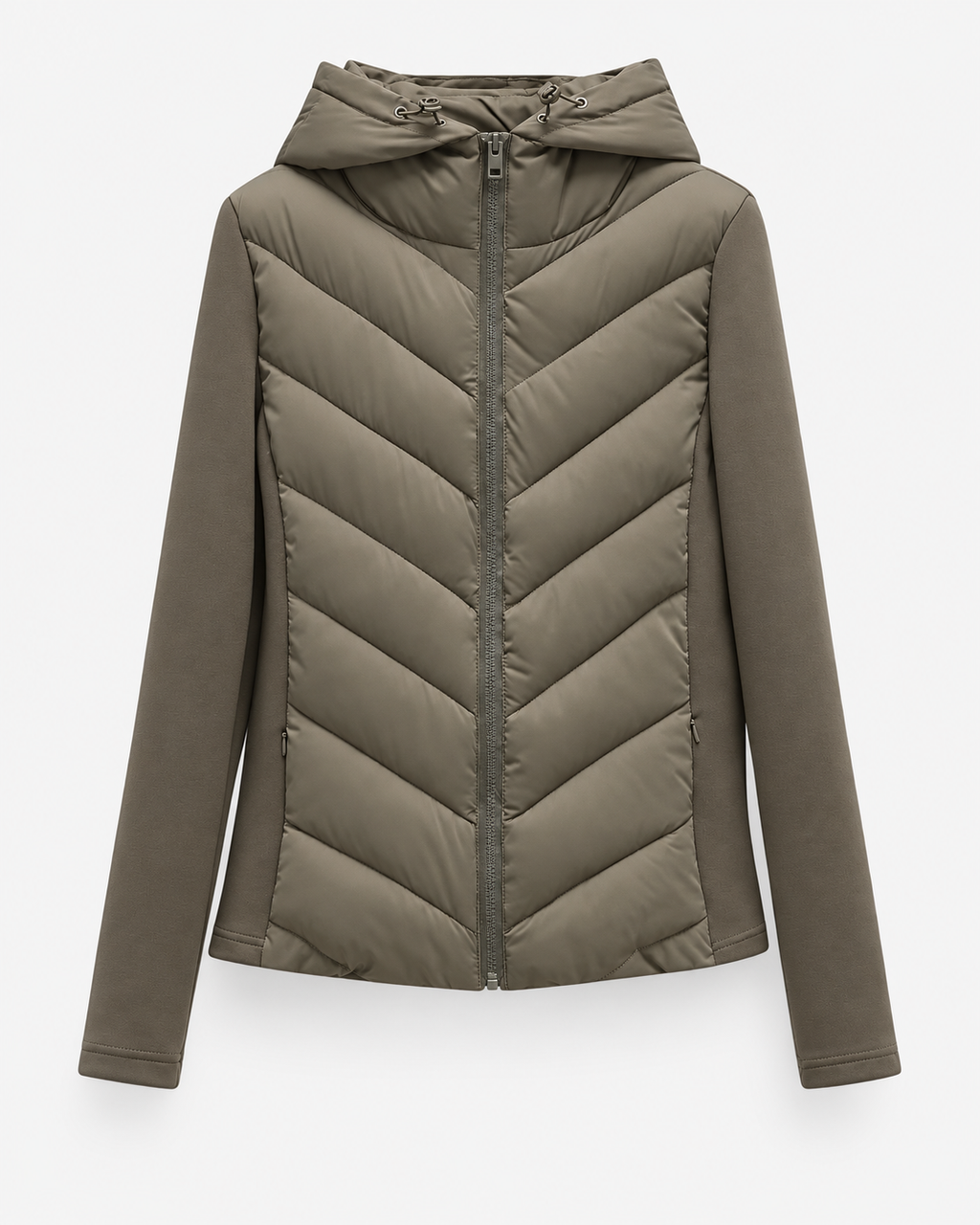 Women's hooded quilted puffer jacket with zip front and chevron padding
