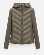 Women's hooded quilted puffer jacket with zip front and chevron padding