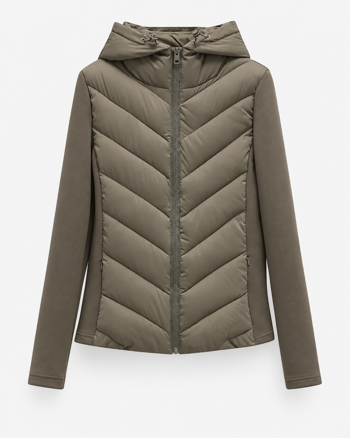 Women's hooded quilted puffer jacket with zip front and chevron padding