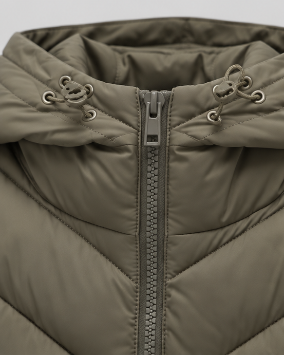 Women's hooded quilted puffer jacket with zip front and chevron padding