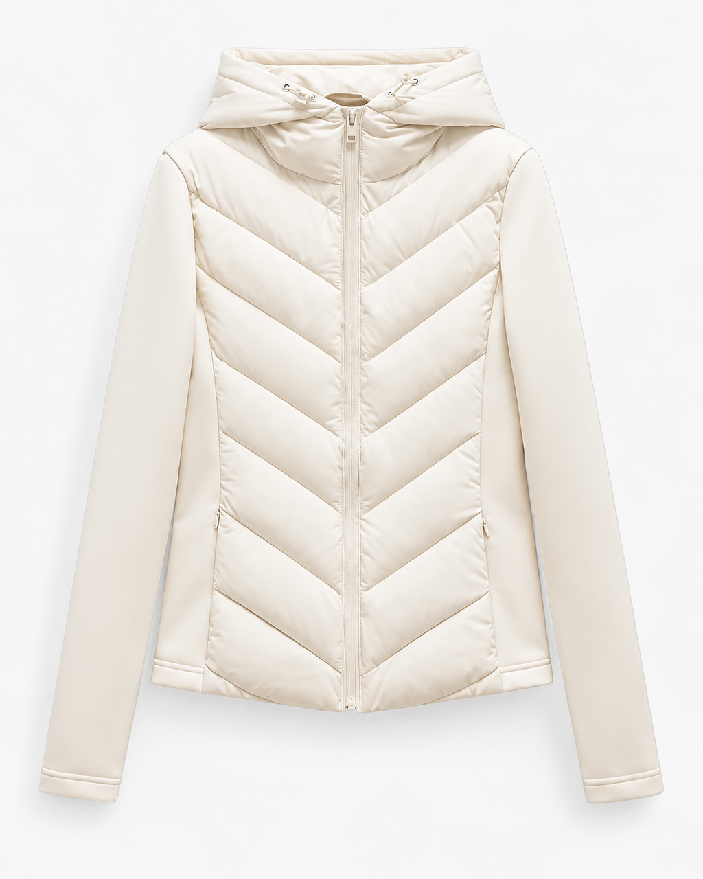 Women's hooded quilted puffer jacket with zip front and chevron padding
