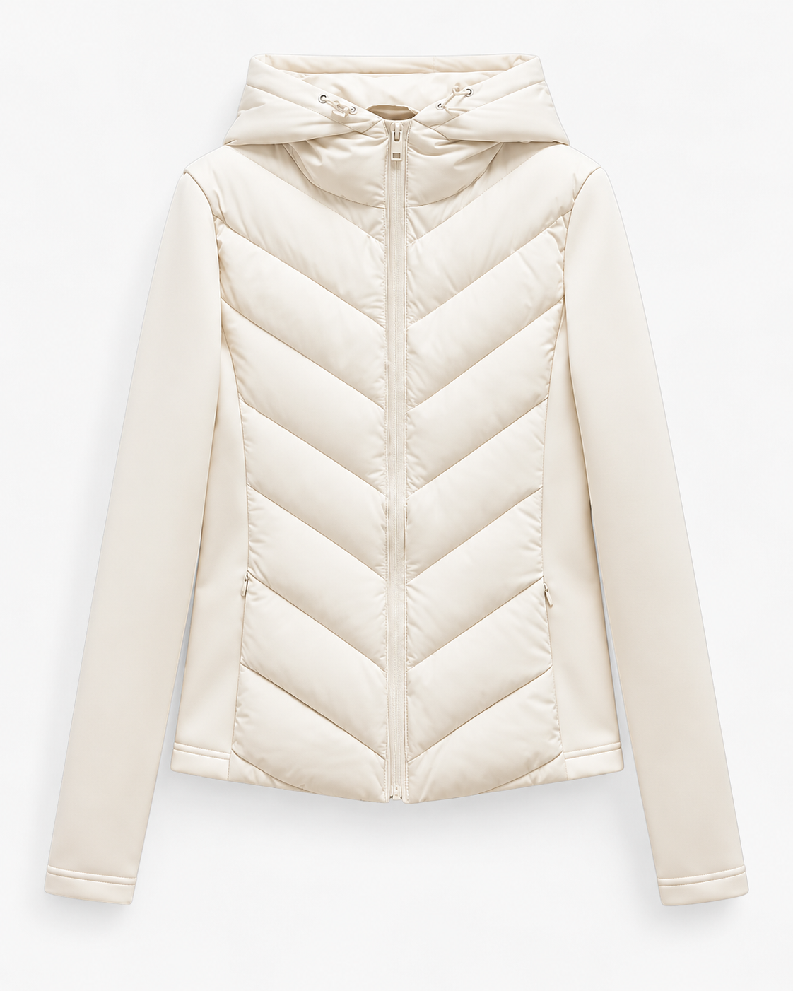 Women's hooded quilted puffer jacket with zip front and chevron padding
