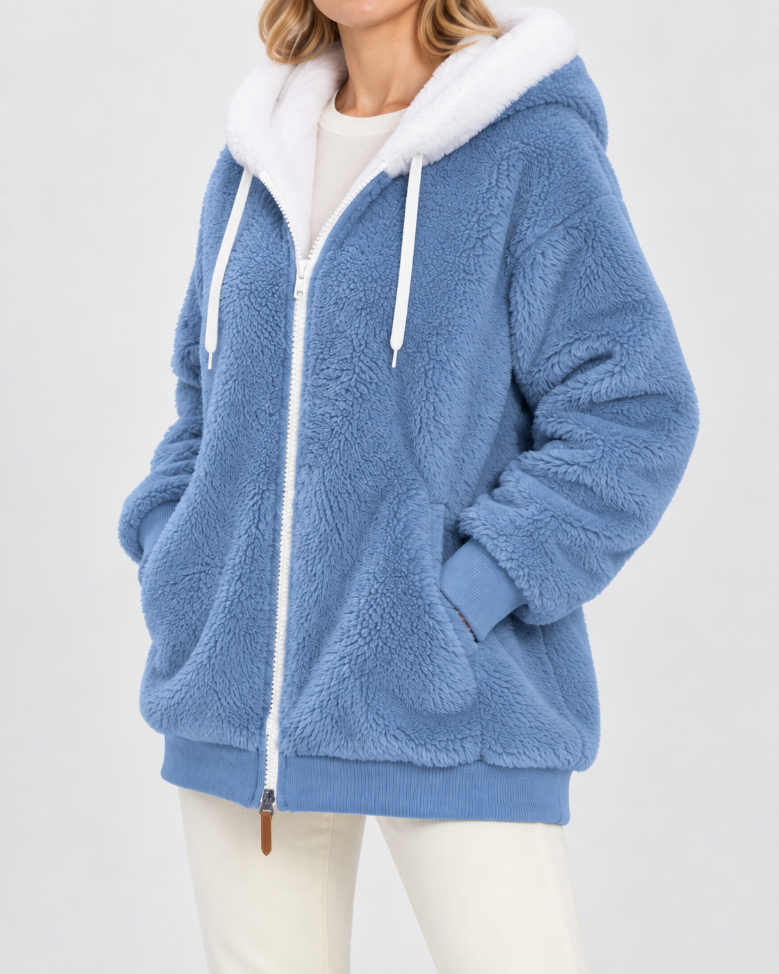 Women's Hooded Teddy Fleece Jacket with Zip Front and Pockets