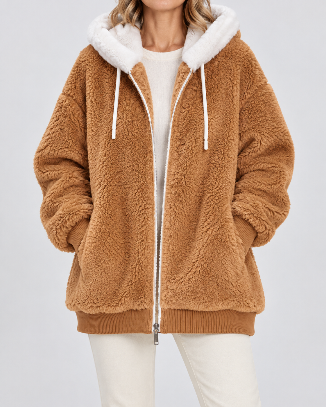 Women's Hooded Teddy Fleece Jacket with Zip Front and Pockets