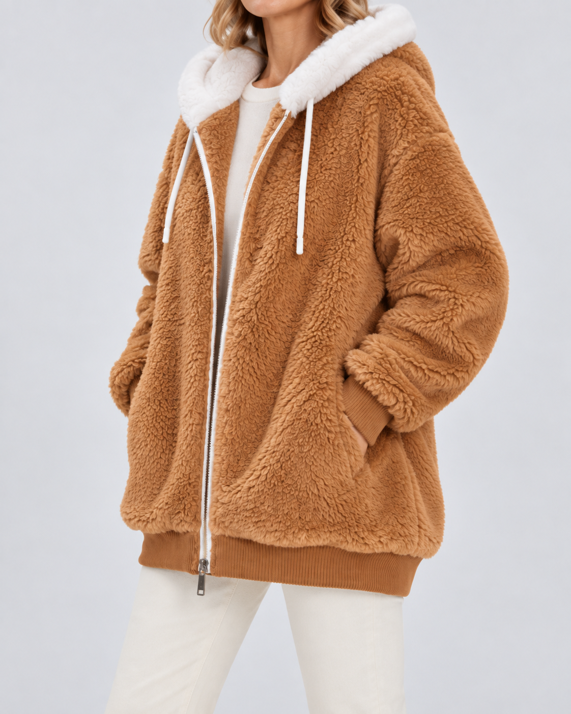 Women's Hooded Teddy Fleece Jacket with Zip Front and Pockets