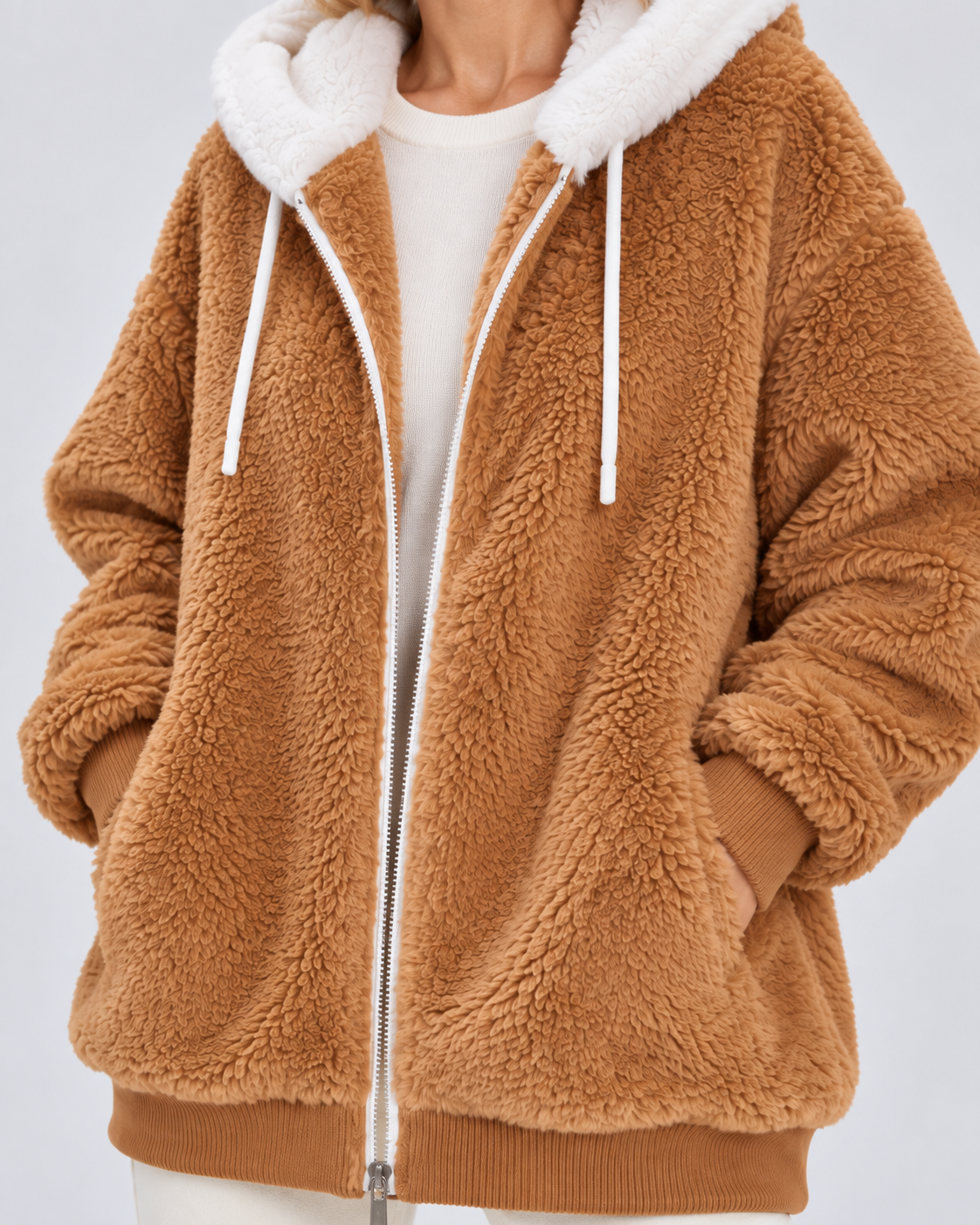 Women's Hooded Teddy Fleece Jacket with Zip Front and Pockets