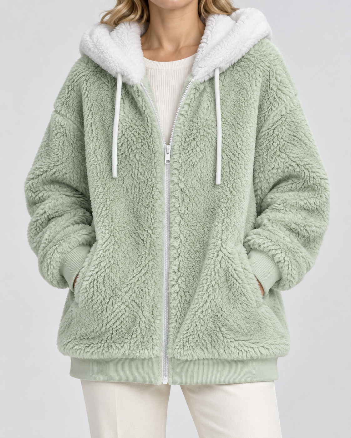 Women's Hooded Teddy Fleece Jacket with Zip Front and Pockets