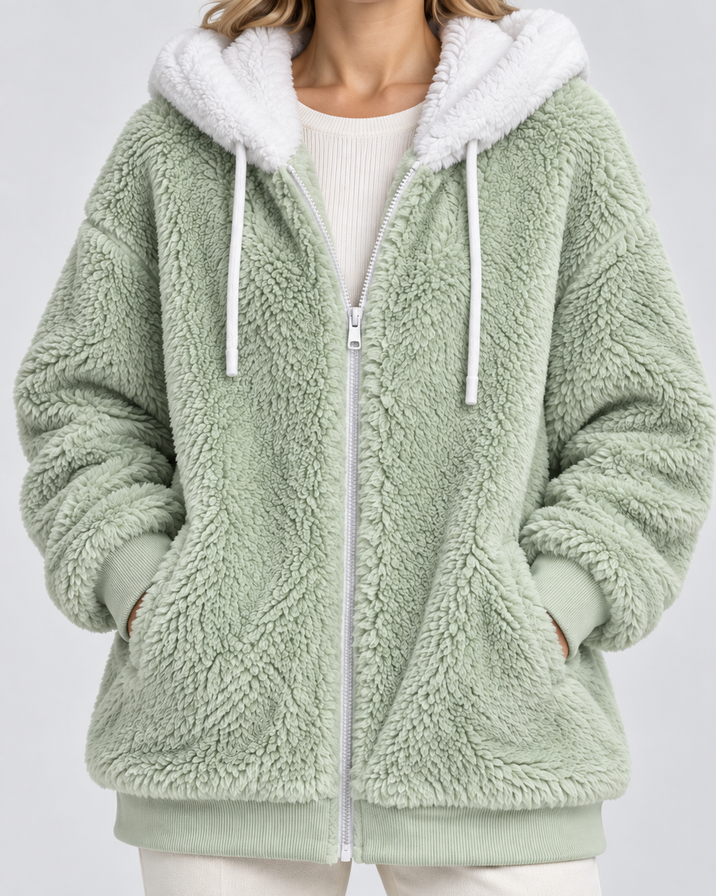 Women's Hooded Teddy Fleece Jacket with Zip Front and Pockets