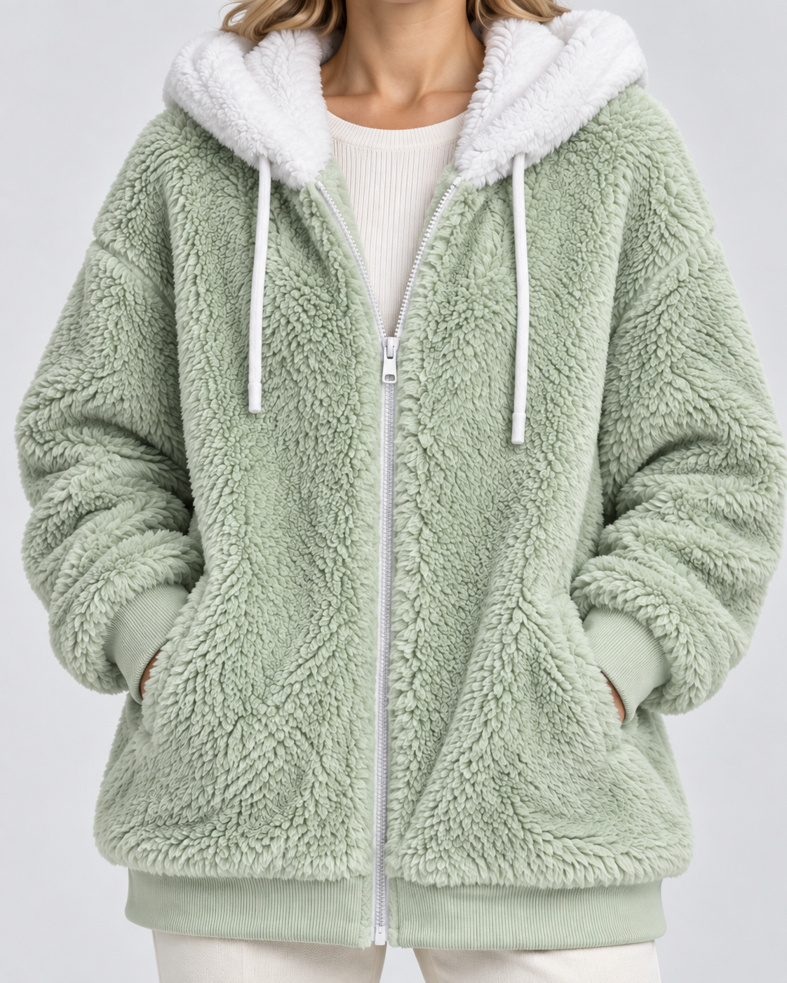 Women's Hooded Teddy Fleece Jacket with Zip Front and Pockets