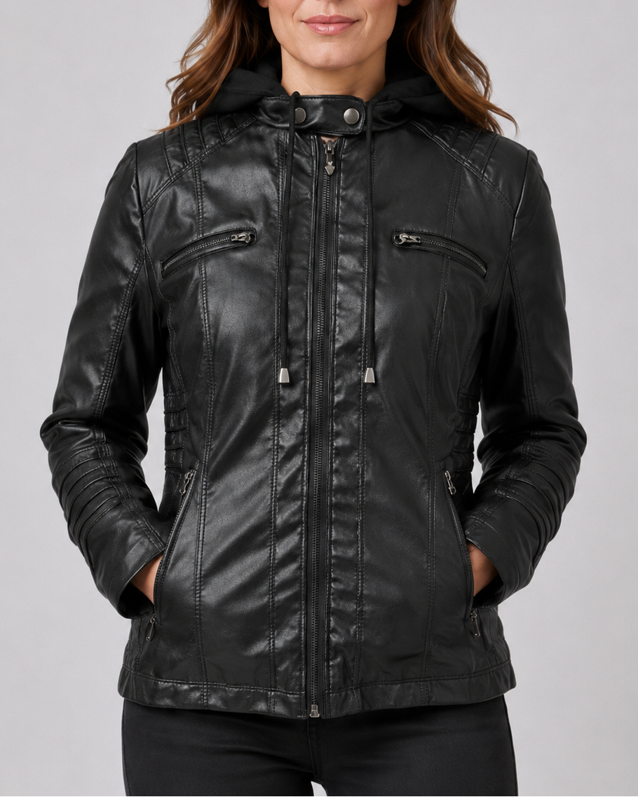 Women's Hooded Biker Moto Jacket with Zip Up and Pockets