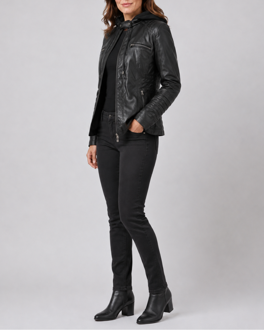 Women's Hooded Biker Moto Jacket with Zip Up and Pockets