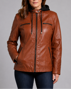 Women's Hooded Biker Moto Jacket with Zip Up and Pockets