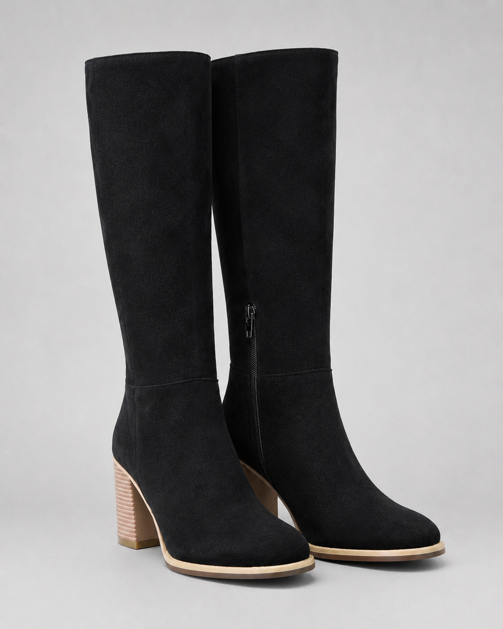 Women's Knee High Boots with Block Heel and Side Zip
