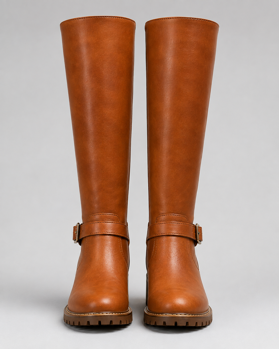 Women's Knee High Boots with Buckle Strap and Block Heel