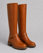 Women's Knee High Boots with Buckle Strap and Block Heel