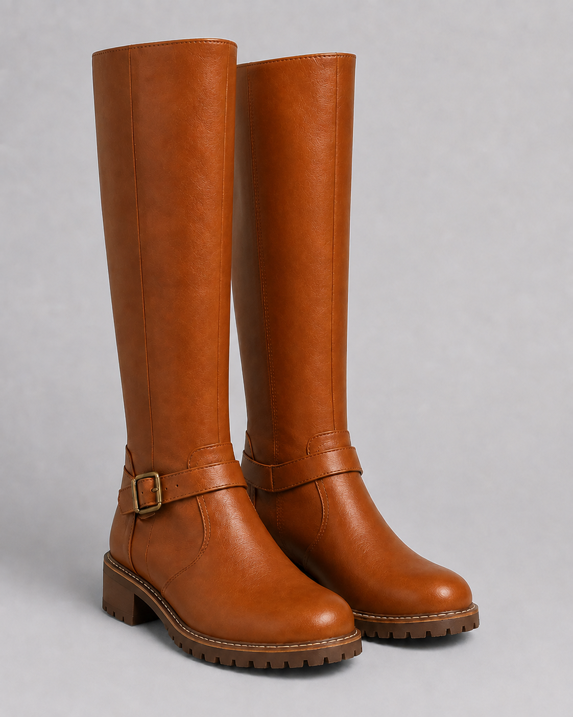 Women's Knee High Boots with Buckle Strap and Block Heel