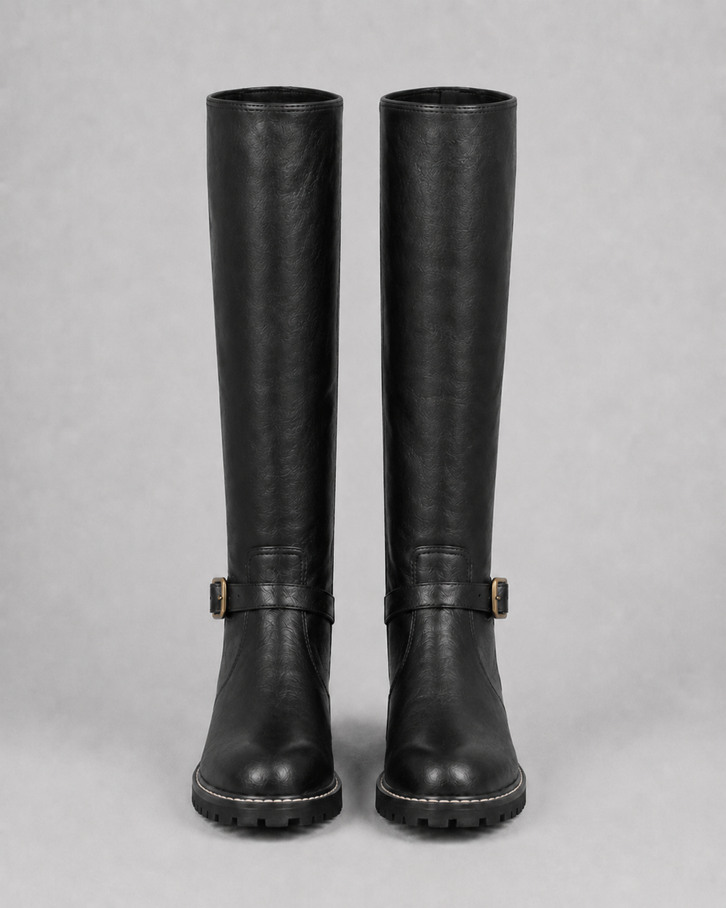 Women's Knee High Boots with Buckle Strap and Block Heel