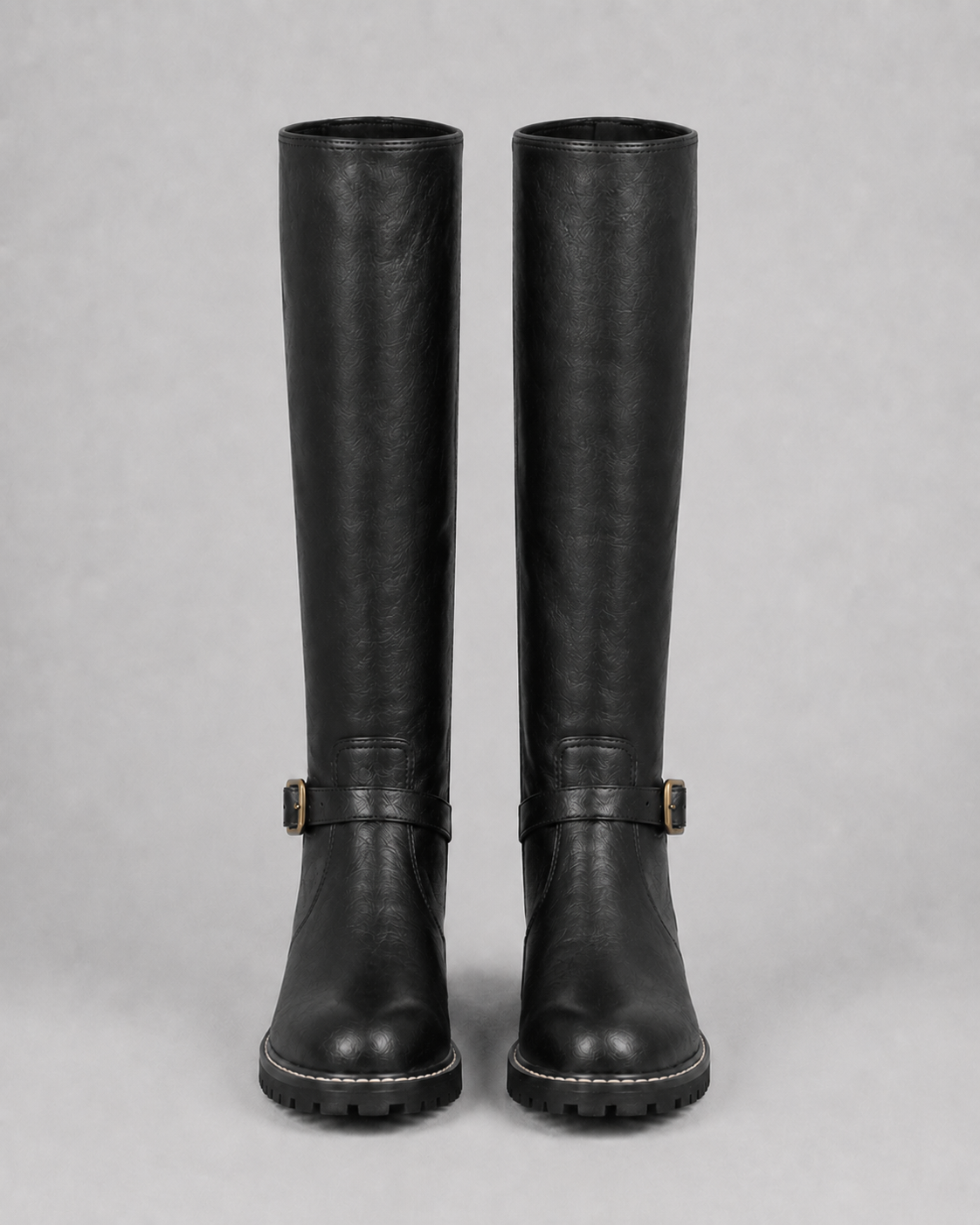Women's Knee High Boots with Buckle Strap and Block Heel