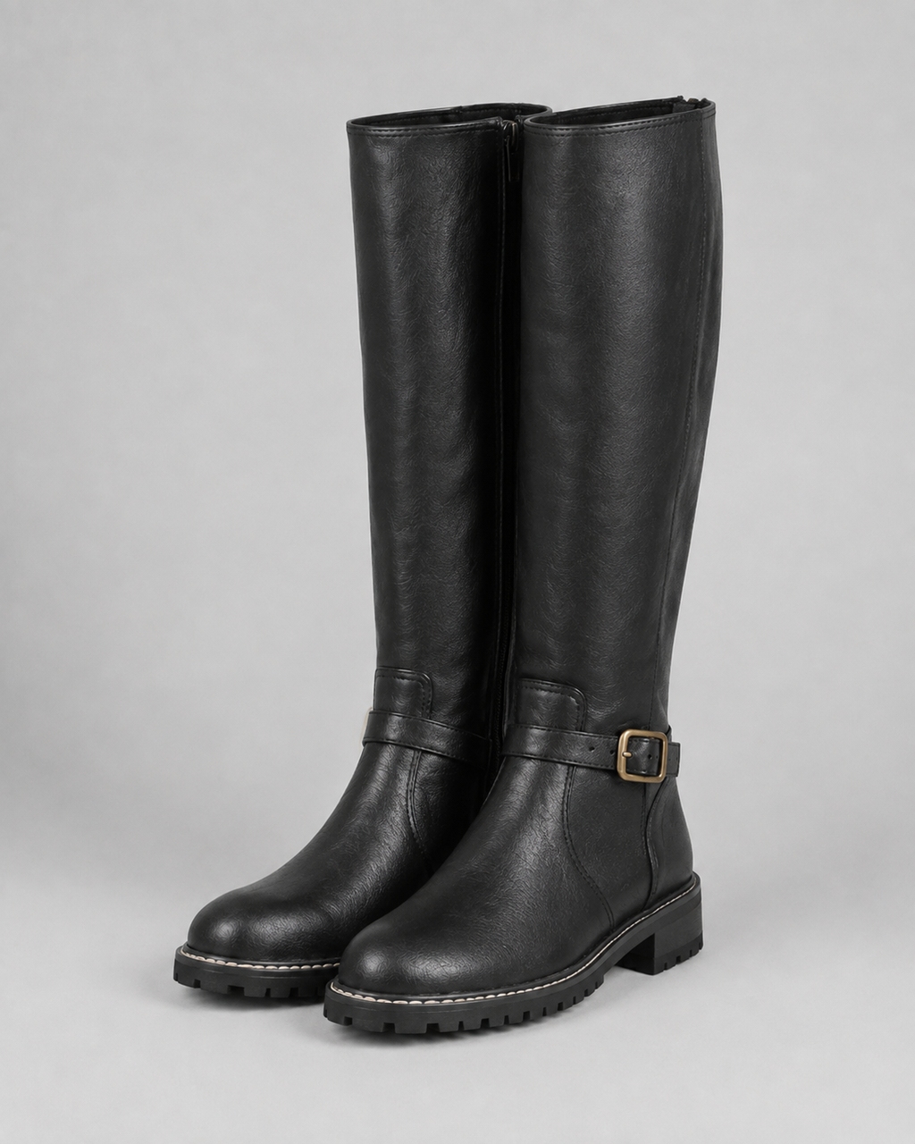 Women's Knee High Boots with Buckle Strap and Block Heel
