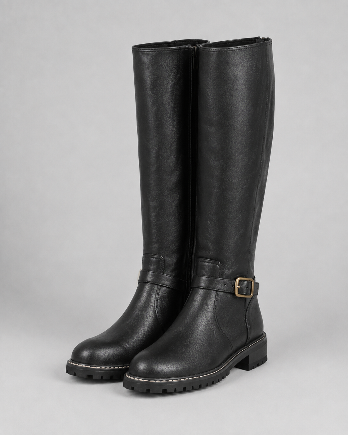 Women's Knee High Boots with Buckle Strap and Block Heel