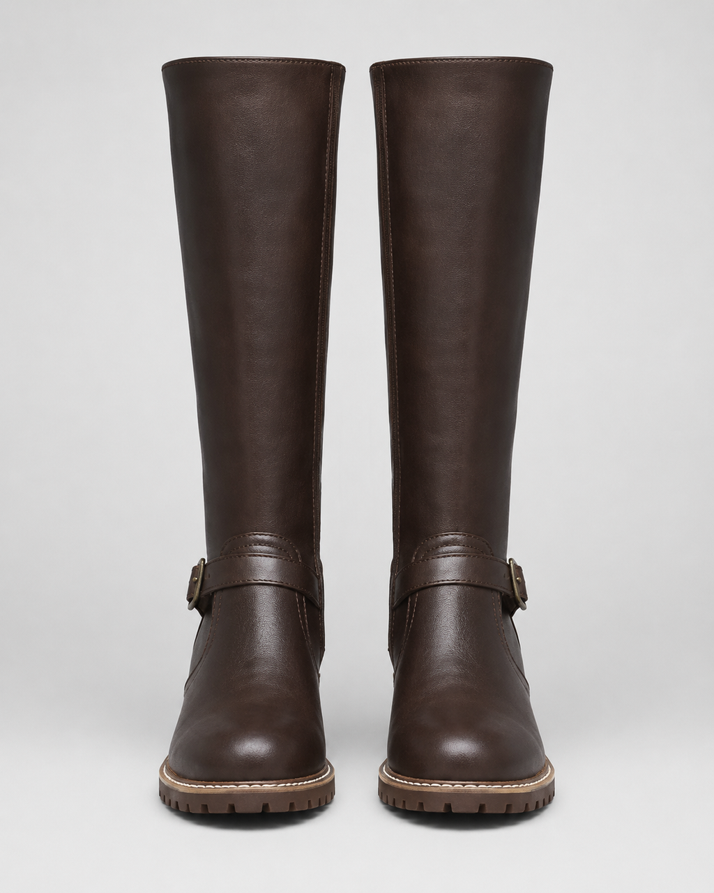 Women's Knee High Boots with Buckle Strap and Block Heel