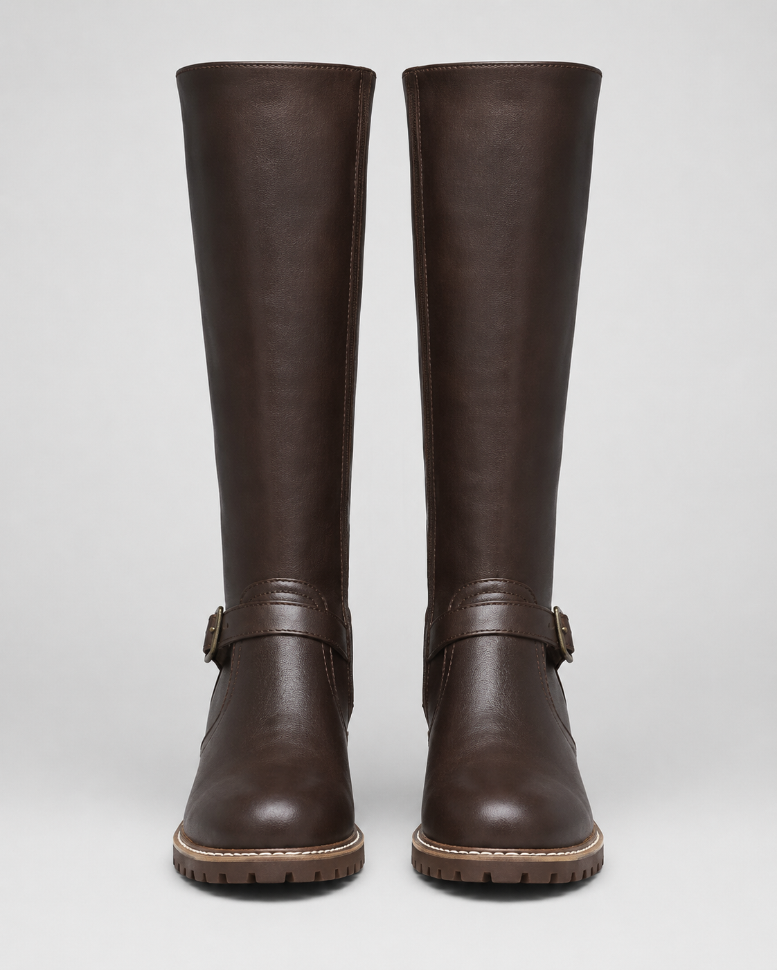 Women's Knee High Boots with Buckle Strap and Block Heel