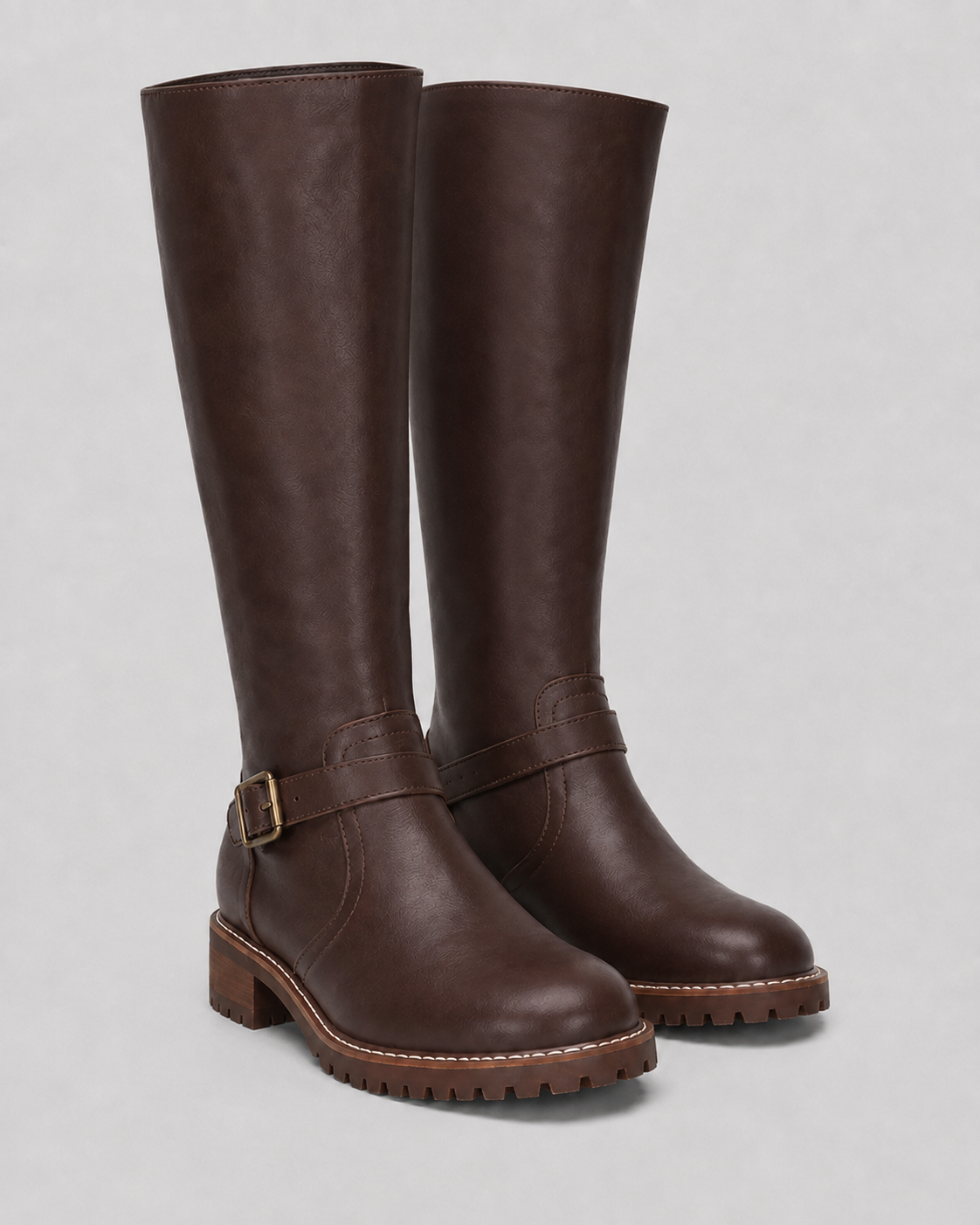 Women's Knee High Boots with Buckle Strap and Block Heel