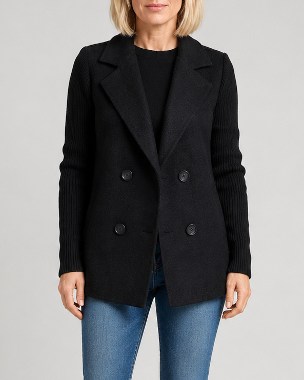 Women's Double Breasted Blazer Jacket with Ribbed Knit Sleeves