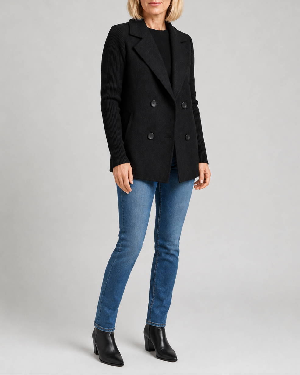 Women's Double Breasted Blazer Jacket with Ribbed Knit Sleeves