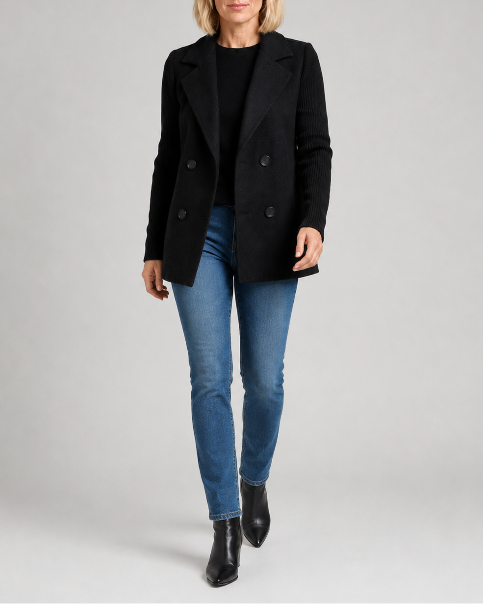 Women's Double Breasted Blazer Jacket with Ribbed Knit Sleeves